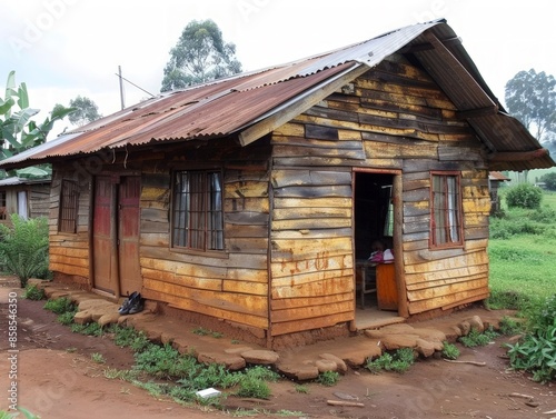 A traditional Kenyan Kikuyu house with wooden walls and corrugated metal roof  © bvb215