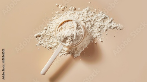 Hydrolyzed collagen powder scoop on beige backdrop promoting food additives for health photo