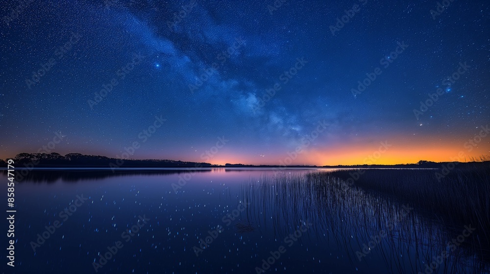 Serene Lake Ire Night View with Starry Sky and Moonlight Reflection