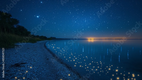Serene Night View of Lake Winnipegosis with Starry Sky and Moonlight Reflection photo