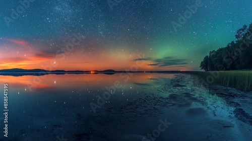 Serene Lake Nettilling Night View with Northern Lights and Stars photo