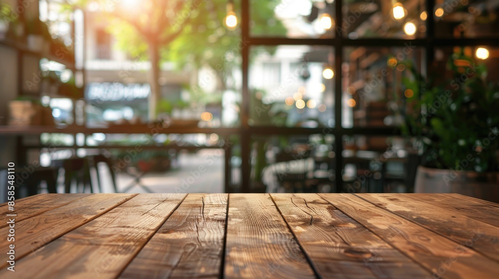 Empty brown wooden table in focus with blurred background of a coffee shop Empty brown wooden table in focus with blurred background of a coffee shop
