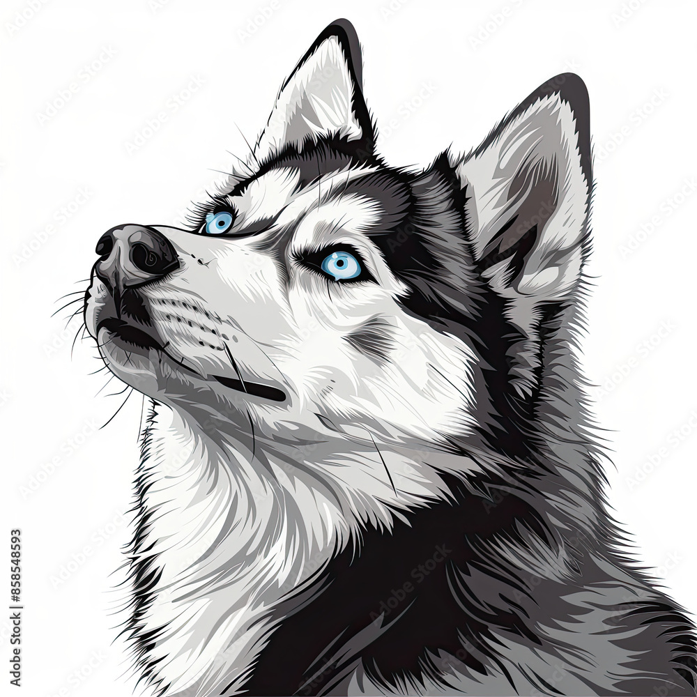 A black and white drawing of a siberian husky dog A black and white drawing of a siberian husky dog