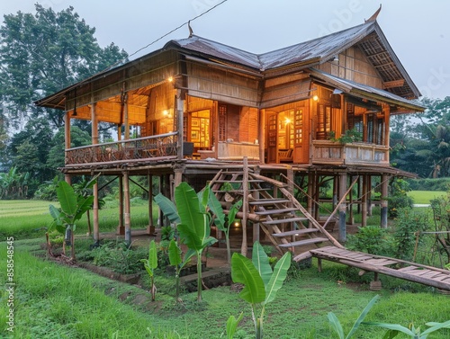 A traditional Myanmarese bamboo house with elevated floors and open verandas  photo