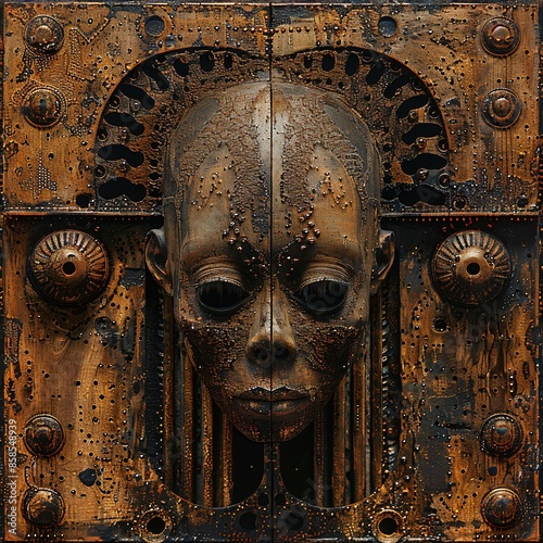 metallic carved relief of a female alien