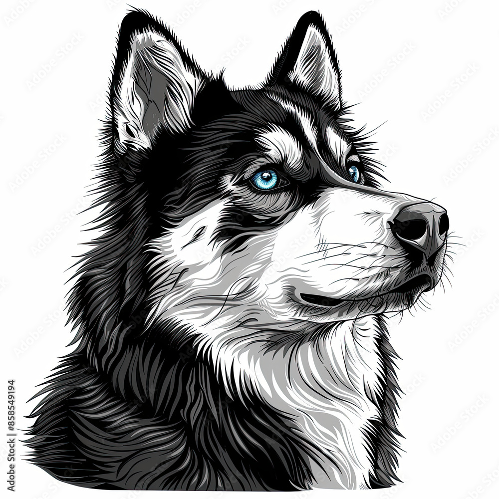 A black and white drawing of a siberian husky dog A black and white drawing of a siberian husky dog