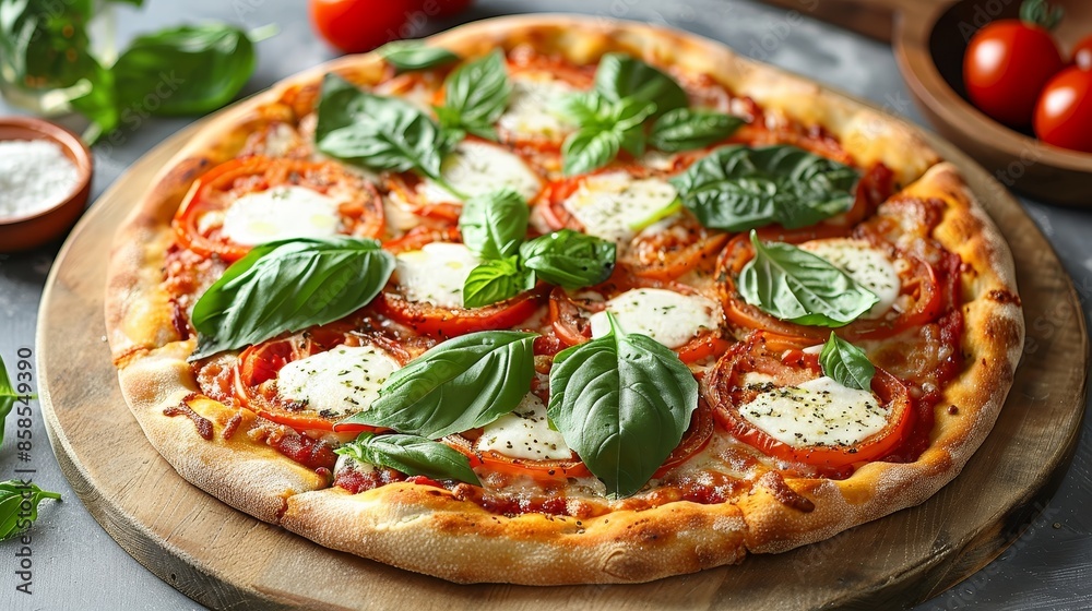 A classic Margherita pizza with fresh basil leaves, ripe tomatoes, and melted mozzarella cheese on a perfectly baked crust A classic Margherita pizza with fresh basil leaves, ripe tomatoes, and melted mozzarella cheese on a perfectly baked crust
