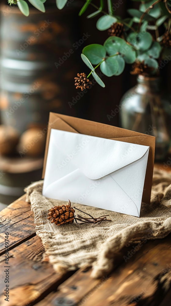 Rustic Styled Blank White Card and Envelope on Wooden Table with Pine Cones and Greenery for Invitations, Announcements, or Greeting Cards Rustic Styled Blank White Card and Envelope on Wooden Table with Pine Cones and Greenery for Invitations, Announcements, or Greeting Cards
