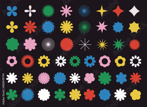 Collection of colorful brutal contemporary figure spiral flower star oval circle and other elements. Abstract minimal geometric elements shapes and grids set. Brutalist design. Vector illustration
