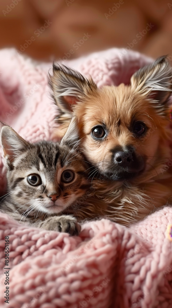 Adorable Puppy and Cat Snuggled on Pink Blanket in Heartwarming Studio Portrait, Radiating Love and Friendship Adorable Puppy and Cat Snuggled on Pink Blanket in Heartwarming Studio Portrait, Radiating Love and Friendship