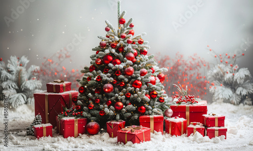 Snowy Christmas Tree with Red and White Gifts - Holiday Season Decorations with Winter Background, Festive Celebration Mood photo