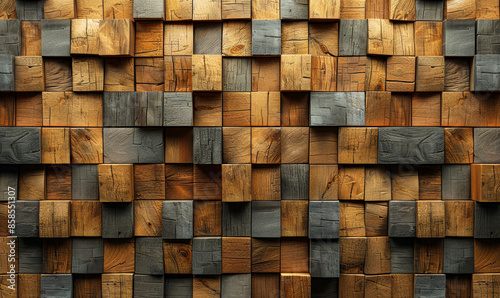3D Timber Wall Background with Square Blocks, Natural Wood Texture, and Tile Wallpaper, Modern Interior Design Concept