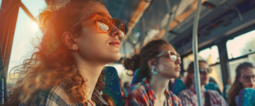 Obraz premium Travelers Sharing Travel Stories And Experiences On A Bus