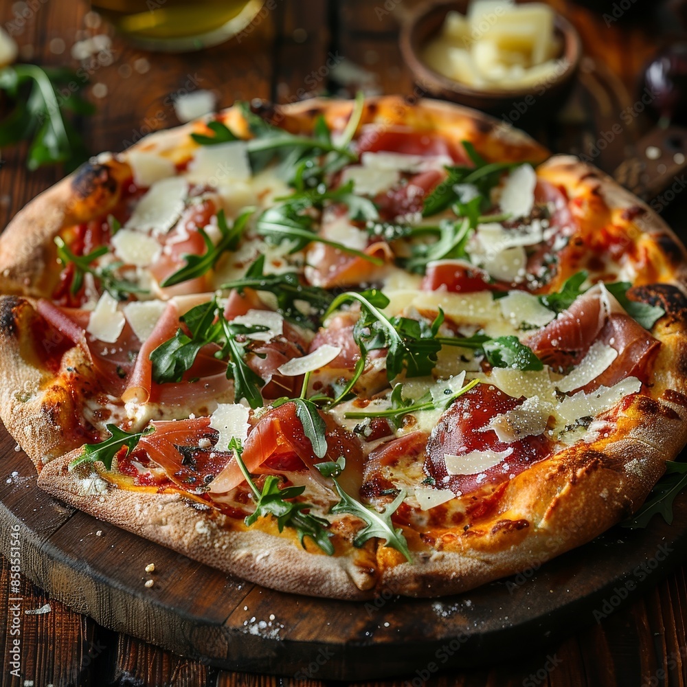A freshly baked homemade pizza with prosciutto, arugula, and shaved Parmesan, on a rustic wooden table A freshly baked homemade pizza with prosciutto, arugula, and shaved Parmesan, on a rustic wooden table