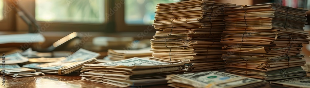 Stacked piles of old papers and documents on a cluttered wooden table in a sunlit room, evoking a sense of nostalgia and history. Stacked piles of old papers and documents on a cluttered wooden table in a sunlit room, evoking a sense of nostalgia and history.