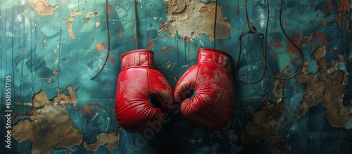 Red Boxing Gloves Hanging on a Blue Wall