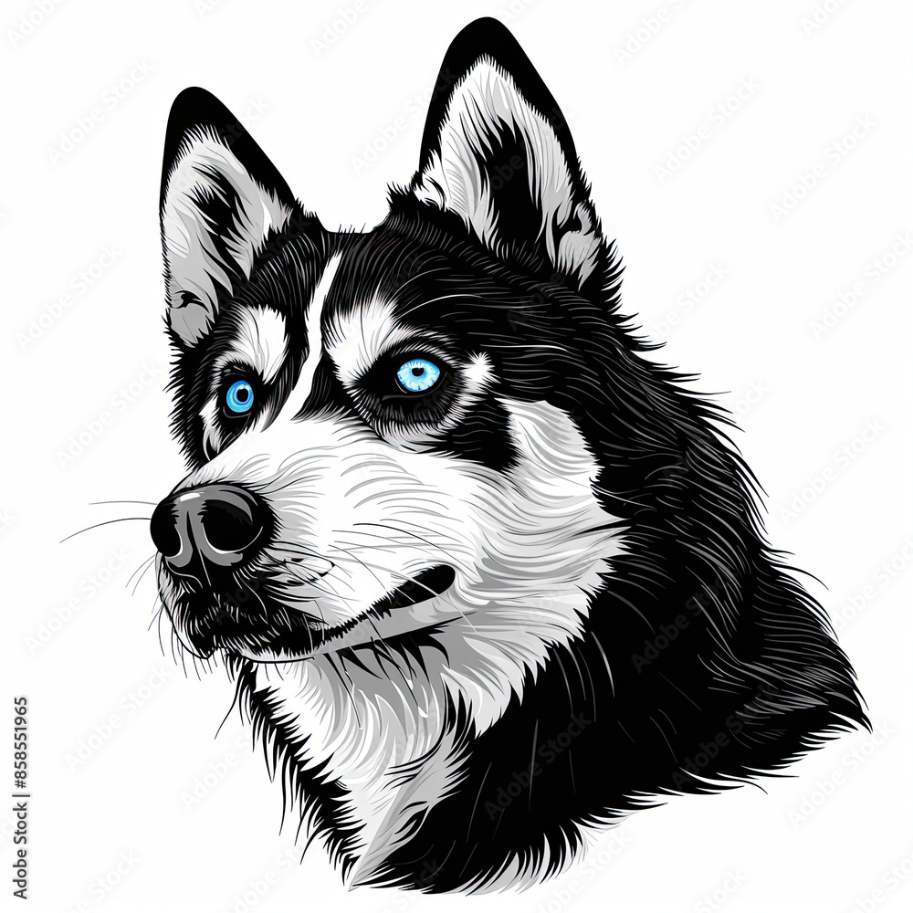 A black and white drawing of a siberian husky dog A black and white drawing of a siberian husky dog