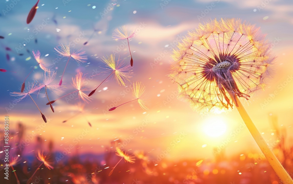 Obraz premium Dandelion seeds blowing in the wind at sunset, symbolizing freedom and hope Generative AI