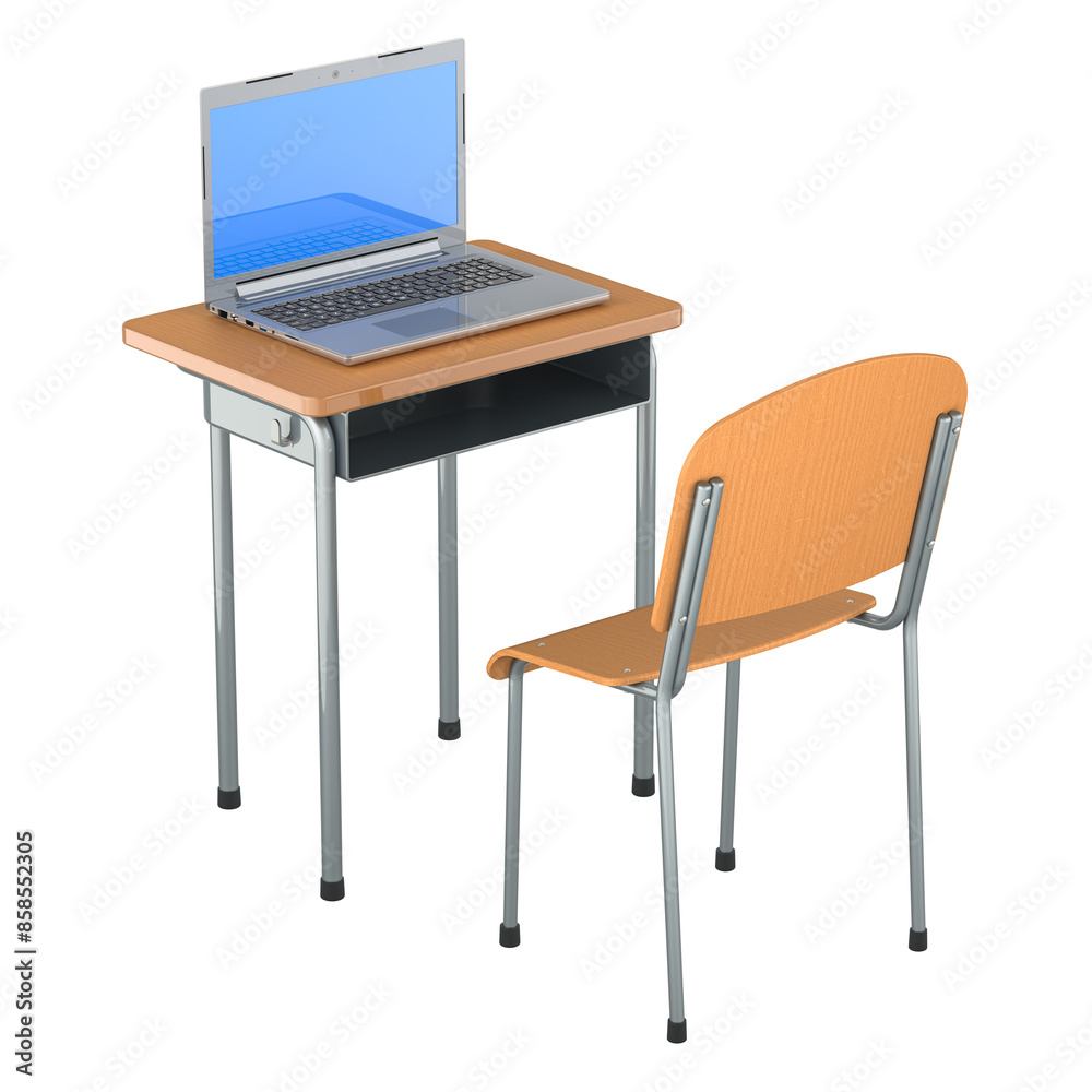 School desk with opened laptop. 3D rendering isolated on transparent background School desk with opened laptop. 3D rendering isolated on transparent background