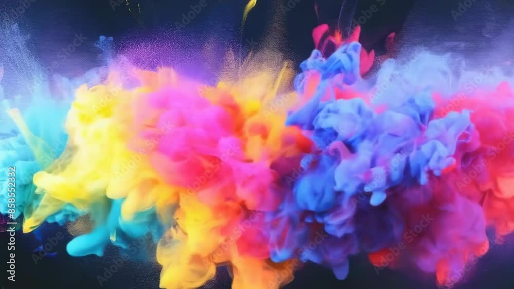 This image captures a vibrant explosion of multicolored paint against a dark background. Bright colors blend in a dynamic, ethereal burst. Suitable for inspiring creativity and artistic expression. This image captures a vibrant explosion of multicolored paint against a dark background. Bright colors blend in a dynamic, ethereal burst. Suitable for inspiring creativity and artistic expression.