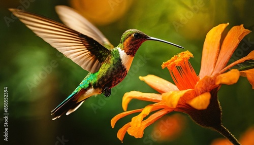 Hummingbird Long-tailed Sylph, Aglaiocercus kingi with orange flower, in flight. Hummingbird from Colombia in the bloom flower, wildlife from tropic jungle. photo