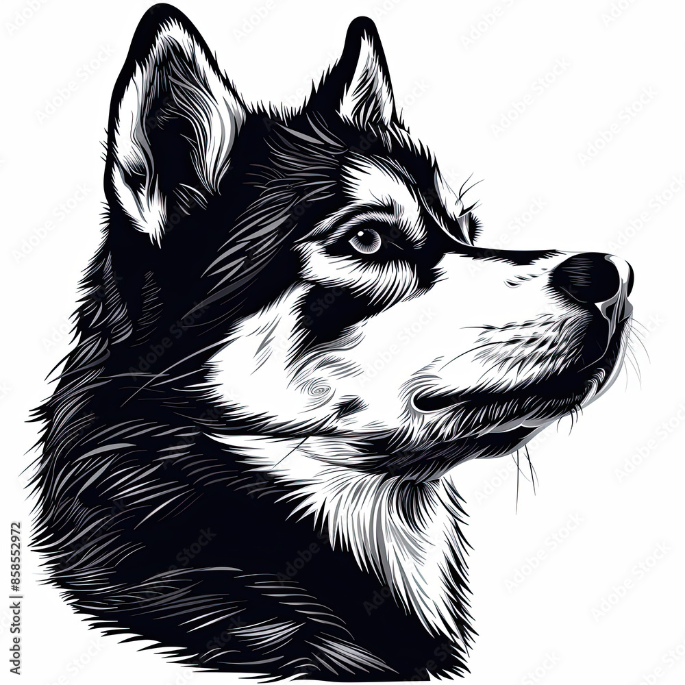 A black and white drawing of a siberian husky dog A black and white drawing of a siberian husky dog