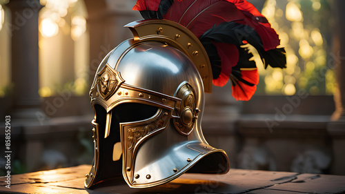 a realistic replica of an antique Roman helmet. photo