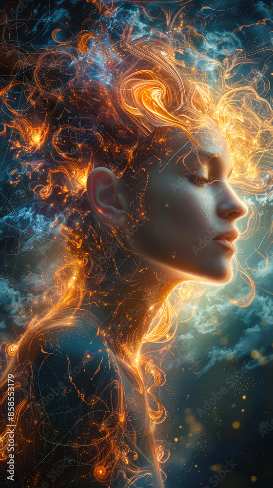 Woman Enveloped by Vibrant Universe of Thoughts and Memories Emerging from Subconscious Mind - Surreal Emotional Artwork Woman Enveloped by Vibrant Universe of Thoughts and Memories Emerging from Subconscious Mind - Surreal Emotional Artwork