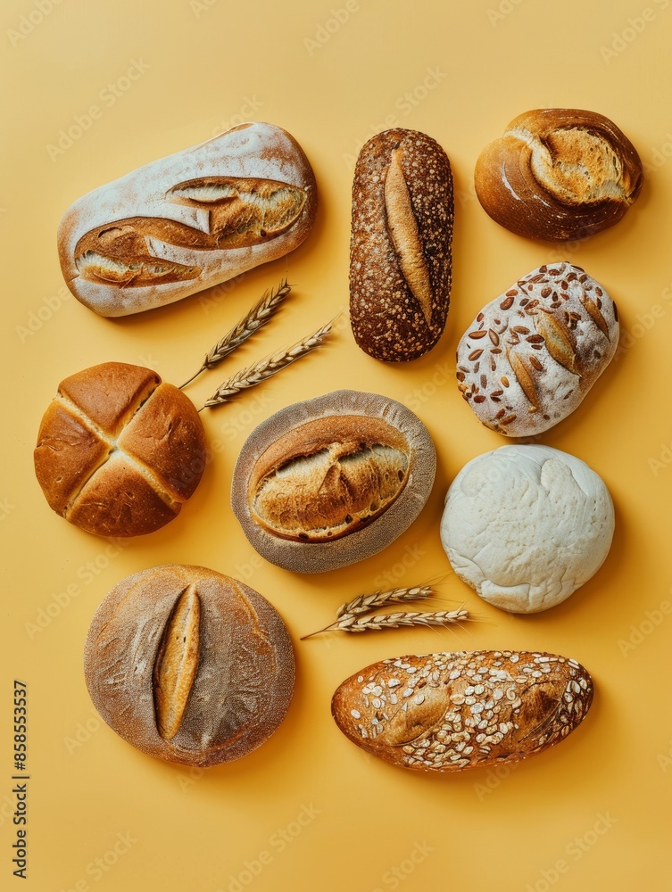 Set of fresh bread on light yellow background
