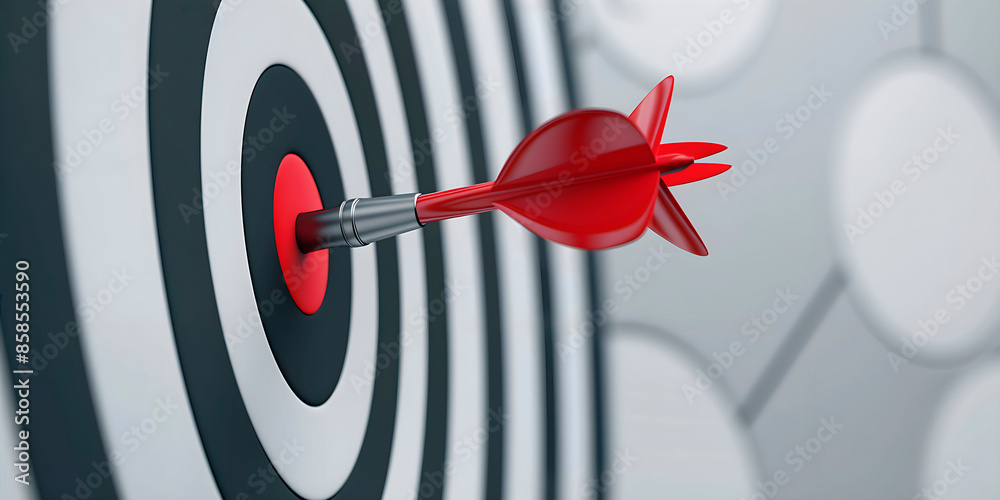 Close-up of the dart right in the middle of the white bull's-eye. Concept of achieving goals Close-up of the dart right in the middle of the white bull's-eye. Concept of achieving goals