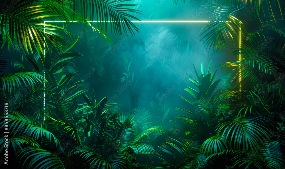 Trendy Neon Rectangular Frame with Tropical Plants Background, Green and Blue Jungle Foliage, Futuristic Tropical Design, Modern Botanical Aesthetic, Lush Jungle Scene Trendy Neon Rectangular Frame with Tropical Plants Background, Green and Blue Jungle Foliage, Futuristic Tropical Design, Modern Botanical Aesthetic, Lush Jungle Scene