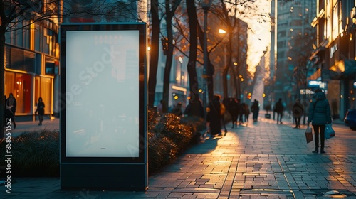 A Large Blank Billboard on a City Street With People Walking By