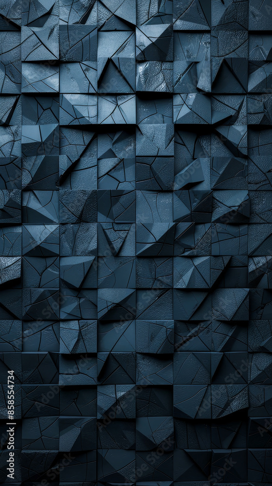 Fototapeta premium Polished 3D Mosaic Tiles Wall Design with Triangular Semi-Gloss Bricks Stack Black Block Background Architectural Texture Render