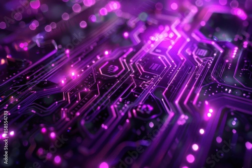 Close-up of a purple and black glowing circuit board, highlighting futuristic technology and innovation in electronics.