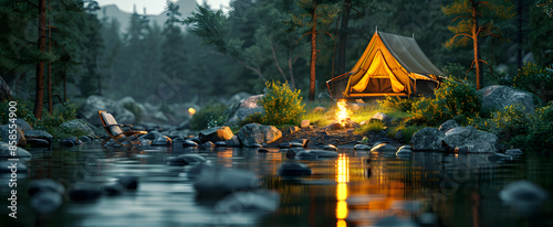 A cozy camping setup by the riverside with a tent and campfire, surrounded by rocks and trees, offering a tranquil and intimate outdoor experience in a natural setting photo