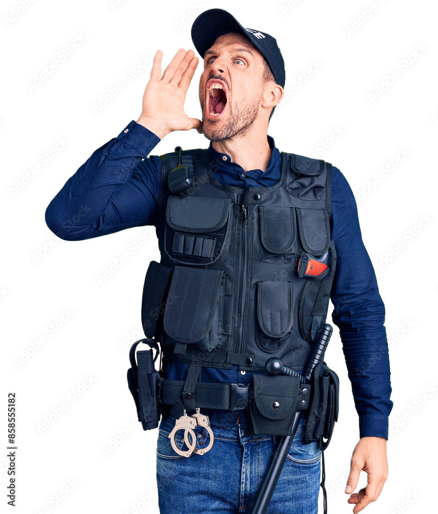 Young handsome man wearing police uniform shouting and screaming loud to side with hand on mouth. communication concept. Young handsome man wearing police uniform shouting and screaming loud to side with hand on mouth. communication concept.