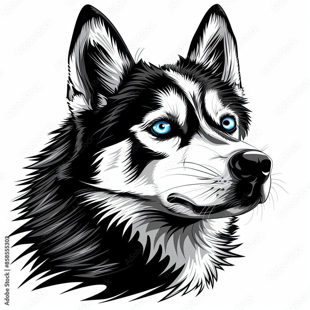 A black and white drawing of a siberian husky dog