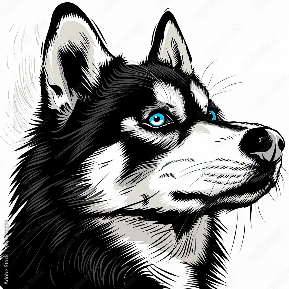 A black and white drawing of a siberian husky dog A black and white drawing of a siberian husky dog