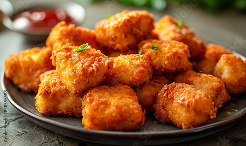Crispy Golden Chicken Nuggets on Plate in Restaurant Setting - Freshly Fried Appetizer with Dipping Sauce - Perfect for Snacking and Sharing