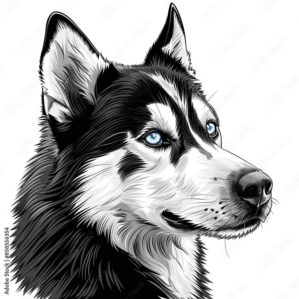 A black and white drawing of a siberian husky dog A black and white drawing of a siberian husky dog