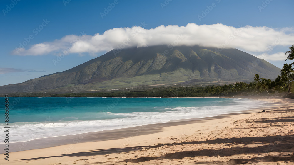 Cinematic Hawaii Beach with Green Mountain and Blue Ocean background Cinematic Hawaii Beach with Green Mountain and Blue Ocean background
