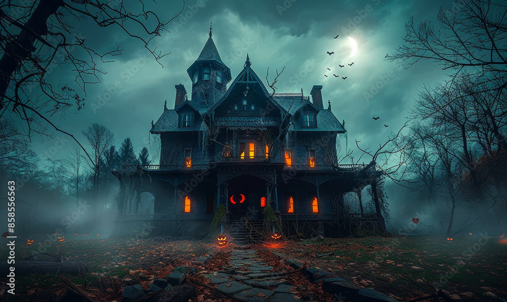 Obraz premium Spooky Haunted House with Dark Horror Atmosphere, Creepy Halloween Scene with Foggy Night and Full Moon, Eerie Lights and Pumpkins, Haunted Mansion Surrounded by Bare Trees and Bats