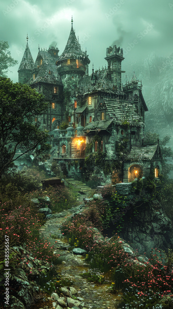 Obraz premium Enchanted Haunted Castle in Misty Forest with Glowing Windows at Twilight - Spooky, Mysterious, and Atmospheric Gothic Architecture