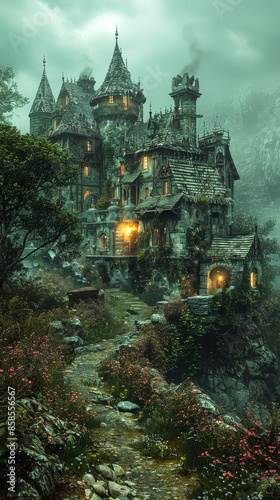 Enchanted Haunted Castle in Misty Forest with Glowing Windows at Twilight - Spooky, Mysterious, and Atmospheric Gothic Architecture