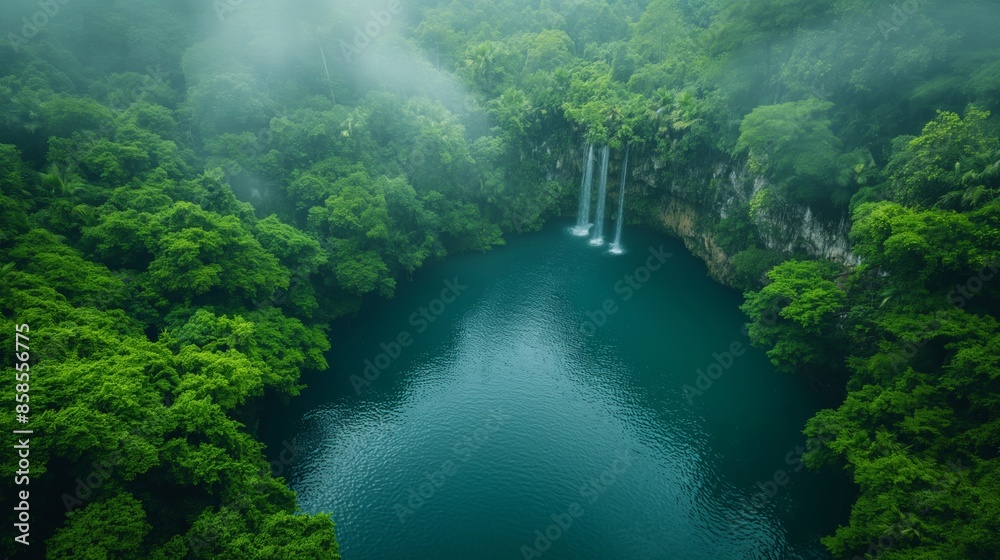 Fototapeta premium Tranquil Serenity at Cenote Ik Kil: A Minimalist View of Turquoise Waters Amid Lush Greenery