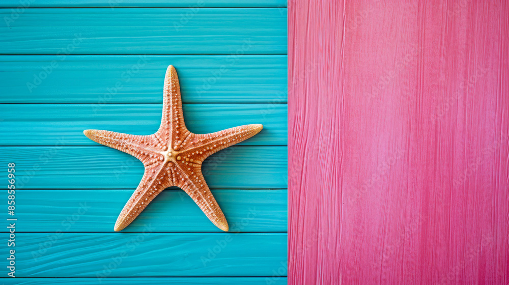 colorful beach theme, starfish and grains of sand background in teal and pink, minimalist background with varying wood grains on vibrant and lively. Summer and beach banner, copy space colorful beach theme, starfish and grains of sand background in teal and pink, minimalist background with varying wood grains on vibrant and lively. Summer and beach banner, copy space
