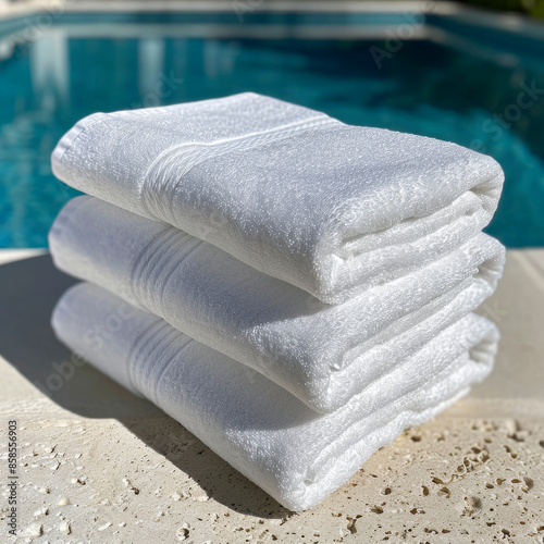 stack of clean white towels next to the pool of a hotel with towel and laundry service for customer service