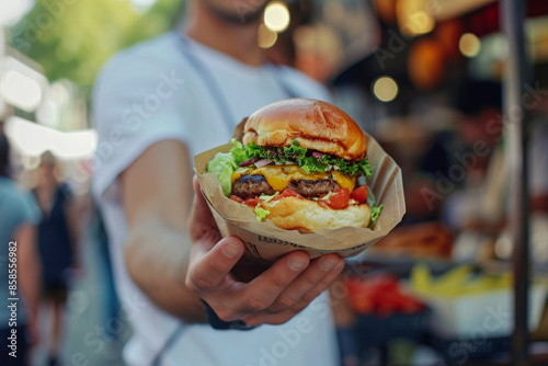 Person in fast food street market, holding in hand delicious burger in paper wrap, freshly made cheeseburger, outdoors, closeup. Summer