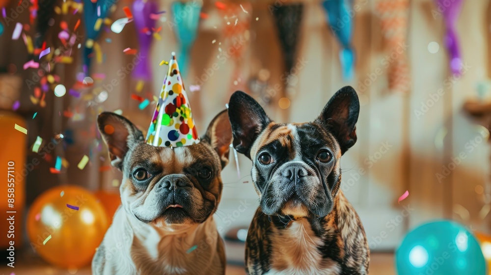 A Cat and Dog Celebrating New Year with Party Hats and Confetti