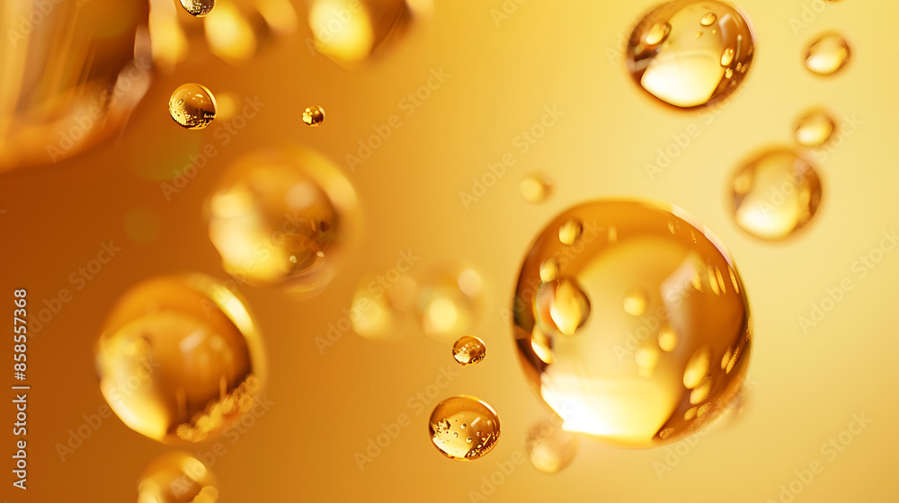 The image displays multiple spherical droplets made of a golden, reflective material suspended in mid-air against a golden-yellow background The image displays multiple spherical droplets made of a golden, reflective material suspended in mid-air against a golden-yellow background